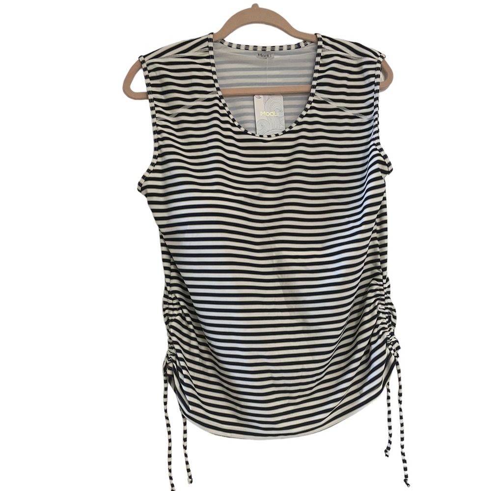 NEW Modli Women's Swim Top, Blue/White/Gold Stripes 1X